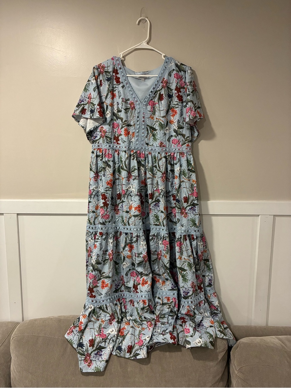 Light Blue Floral Maxi Dress with Lace Trim